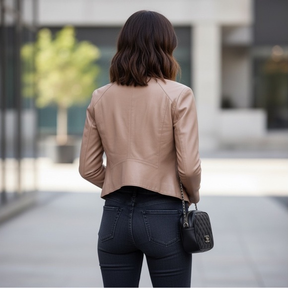 Veda Tan Taupe 100% Leather Asymmetrical Moto Jacket With High Cut Back Size L - Picture 2 of 8